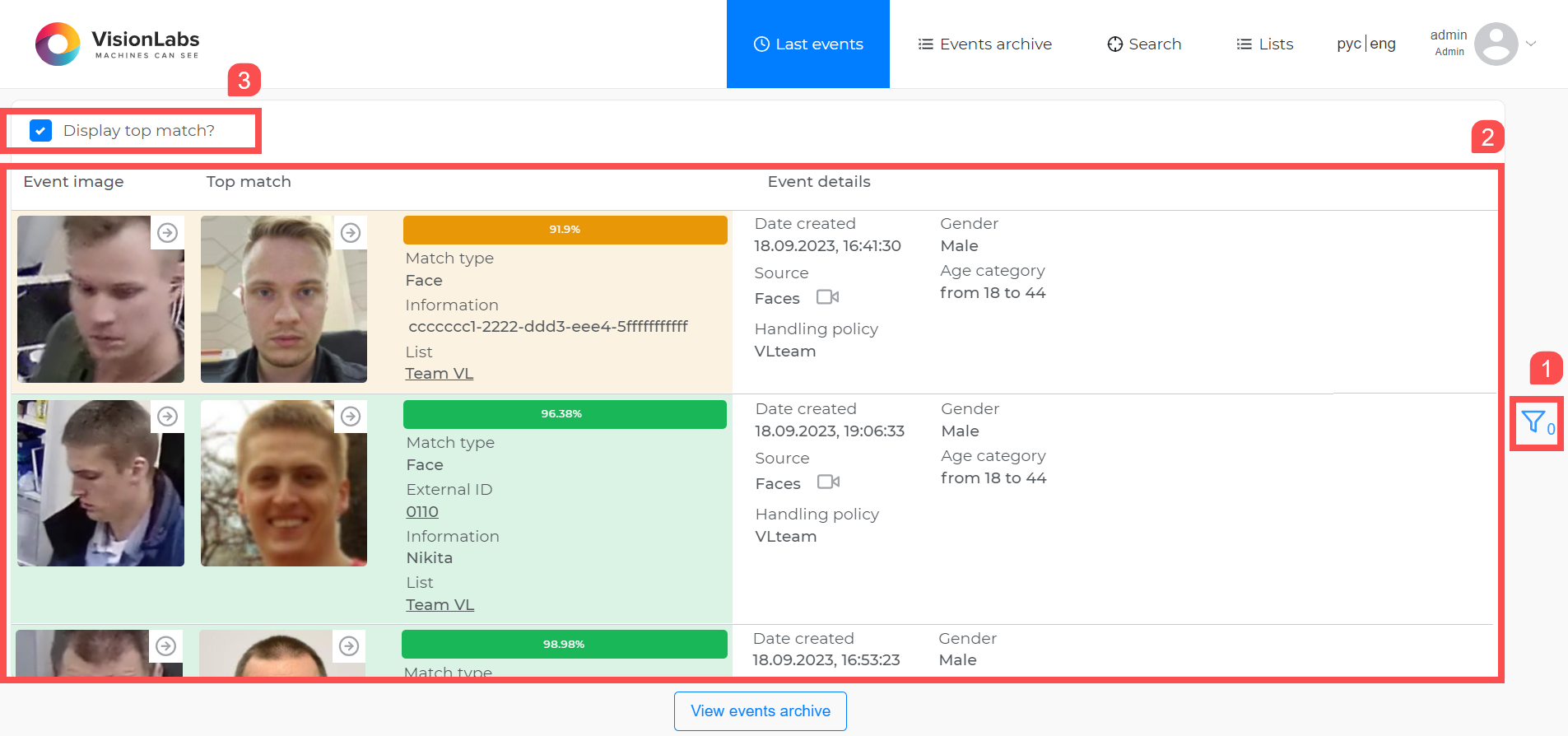 “Last events” section