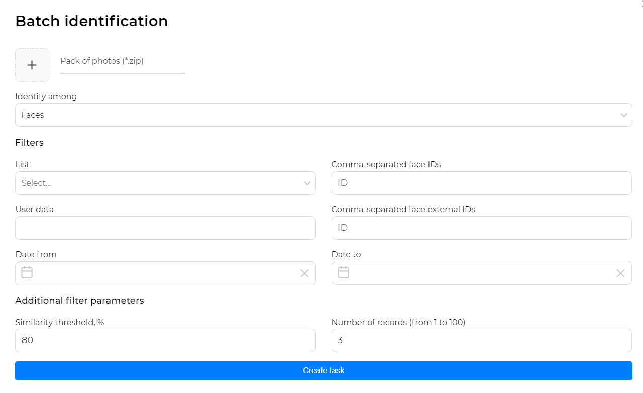 Form for creating a batch identification task