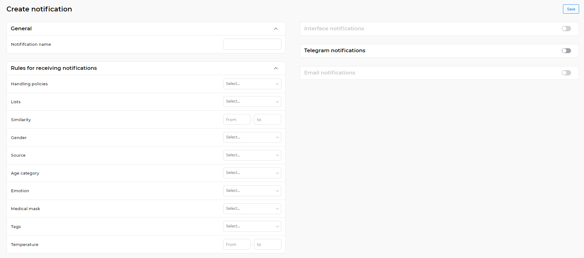 Form for creating a notification