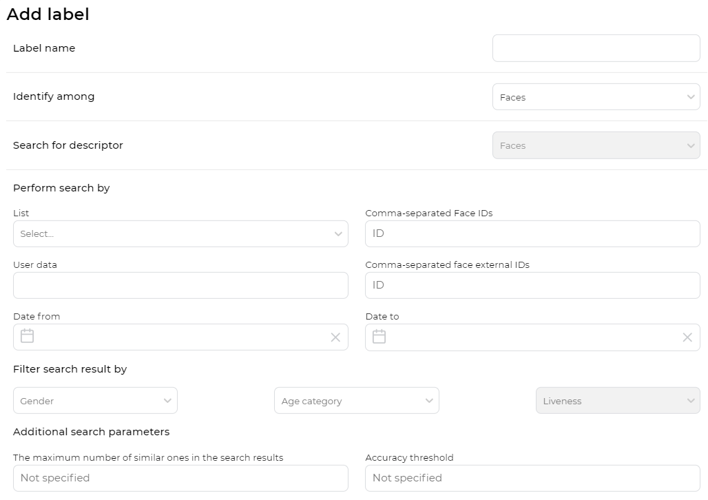 Form for creating a label. Identify among faces