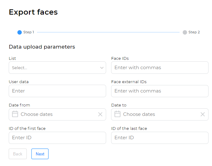 Form for creating an export faces task