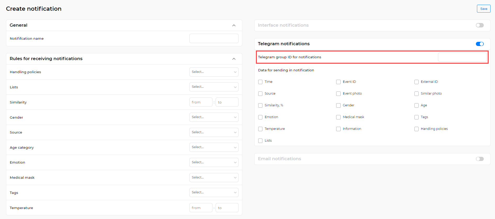 Editing a Telegram notification in the web interface