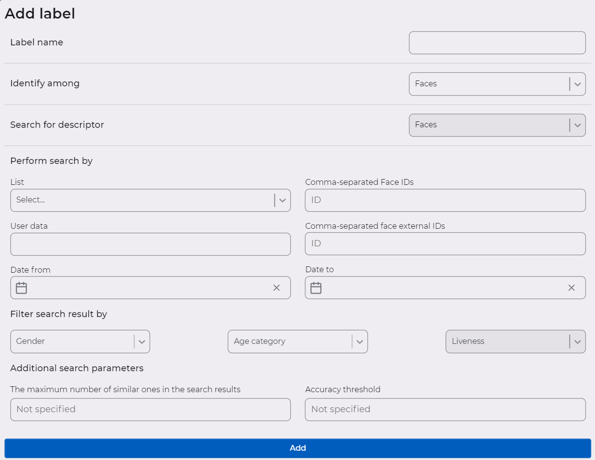 Form for creating a label. Identify among faces