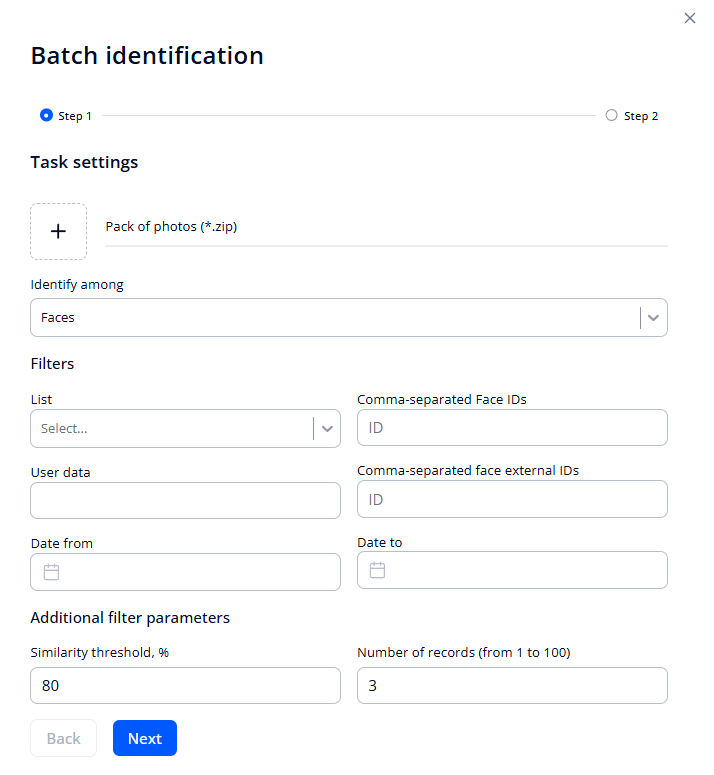Form for creating a batch identification task
