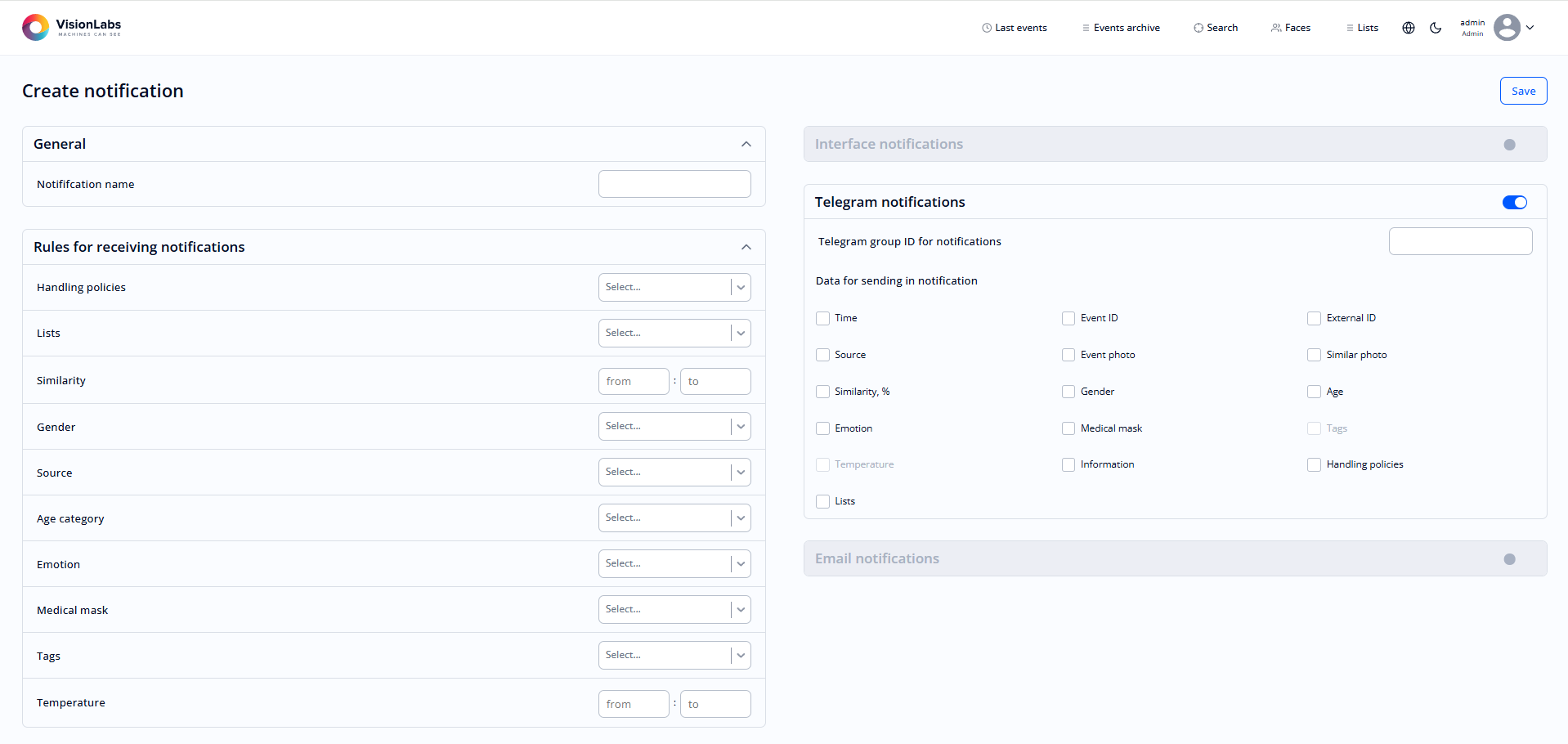 Form for creating a notification