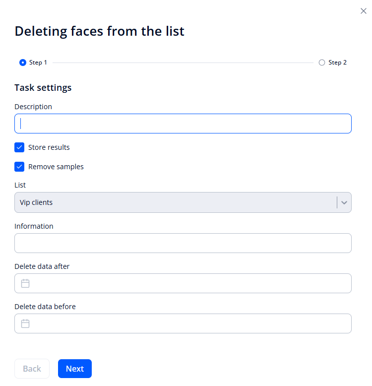 Window for creating a “Deleting faces from the list” task