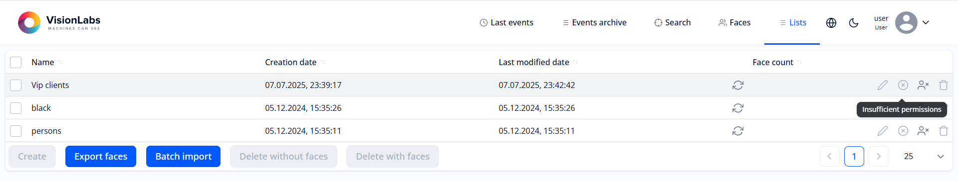 “Lists” section for user