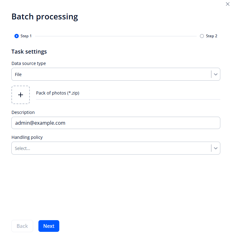 Form for creating a batch processing task