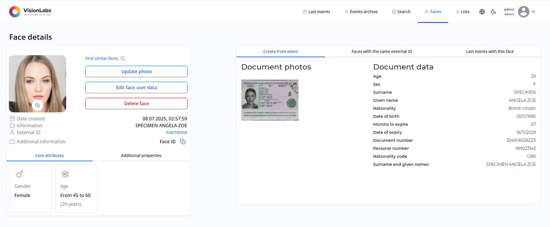 “Face details” section: showing document recognition event data