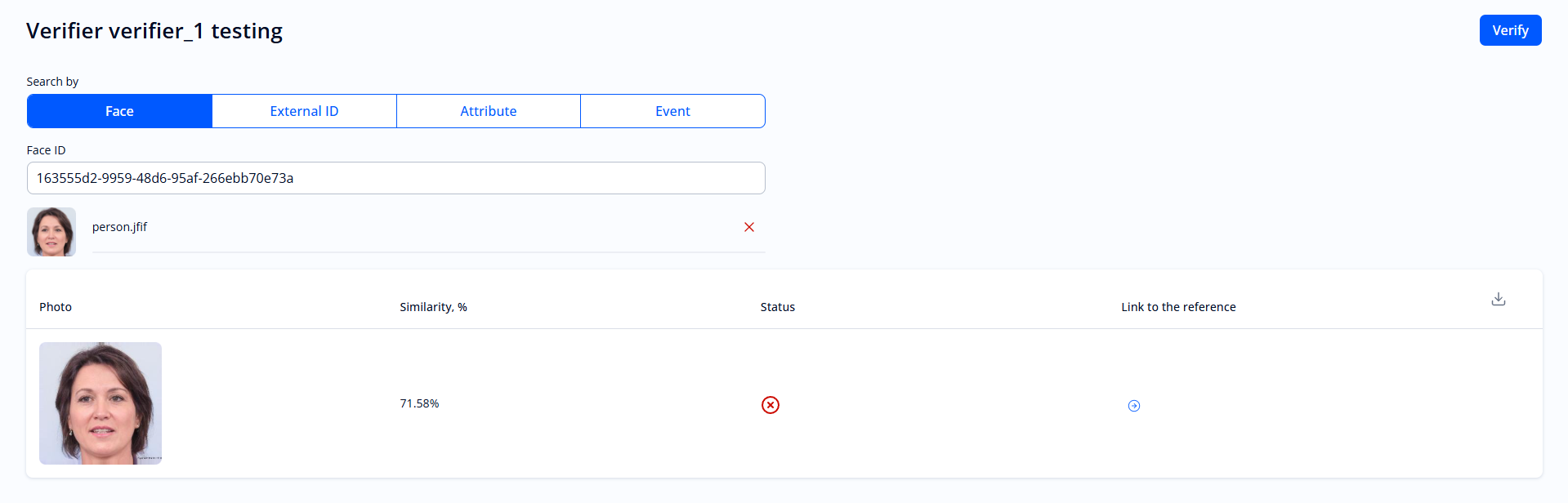 “Verifier testing” form. Search by face