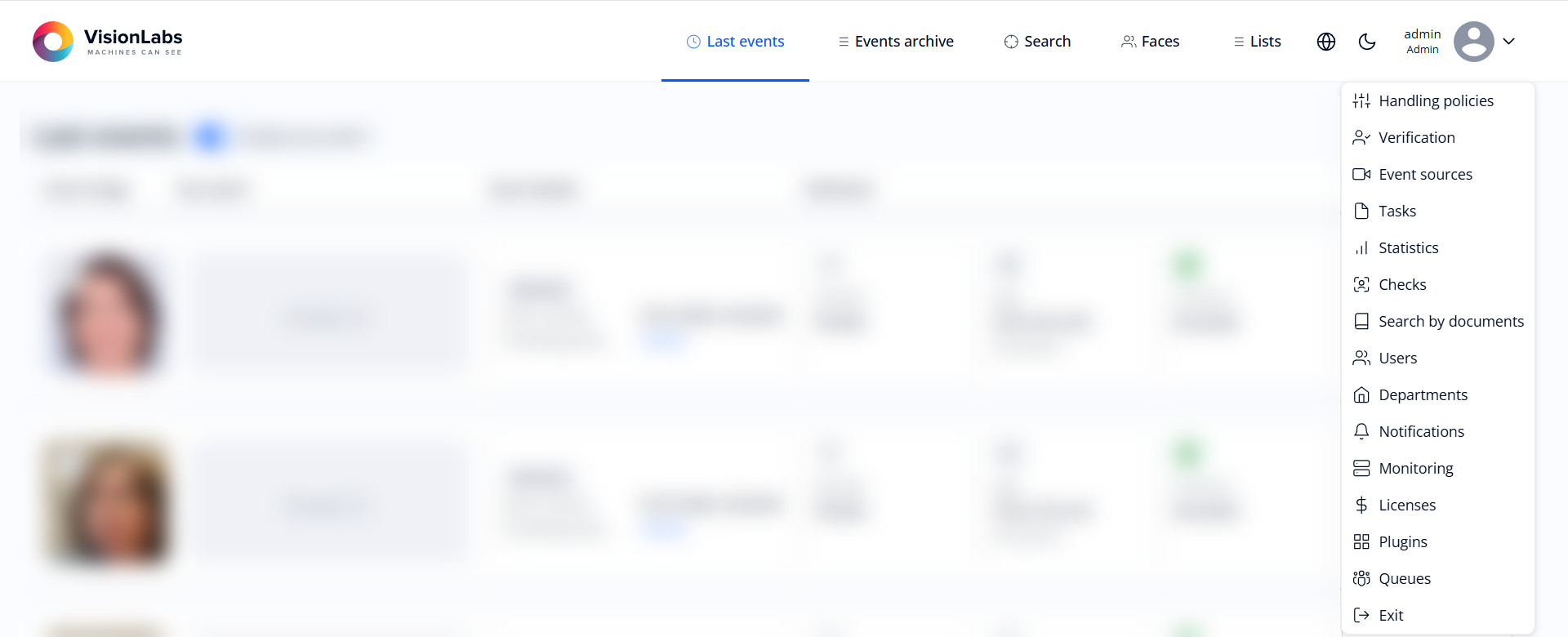 General view of the menu for administrators