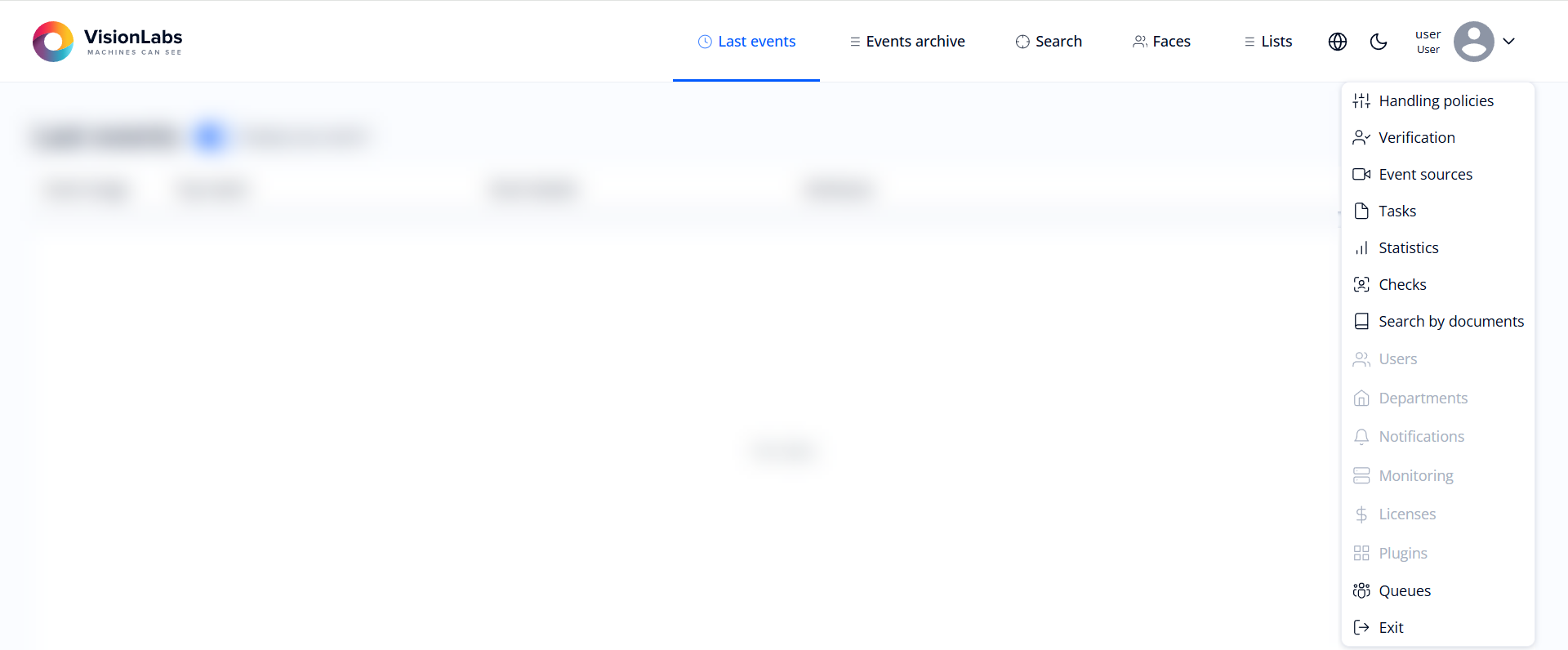 General view of the menu for users