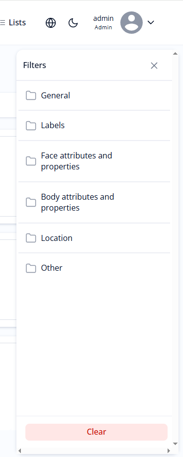 Figure 12. Filters for searching archived events