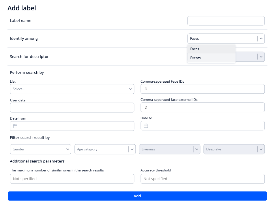 Figure 41. Form for creating a label. Identify among faces