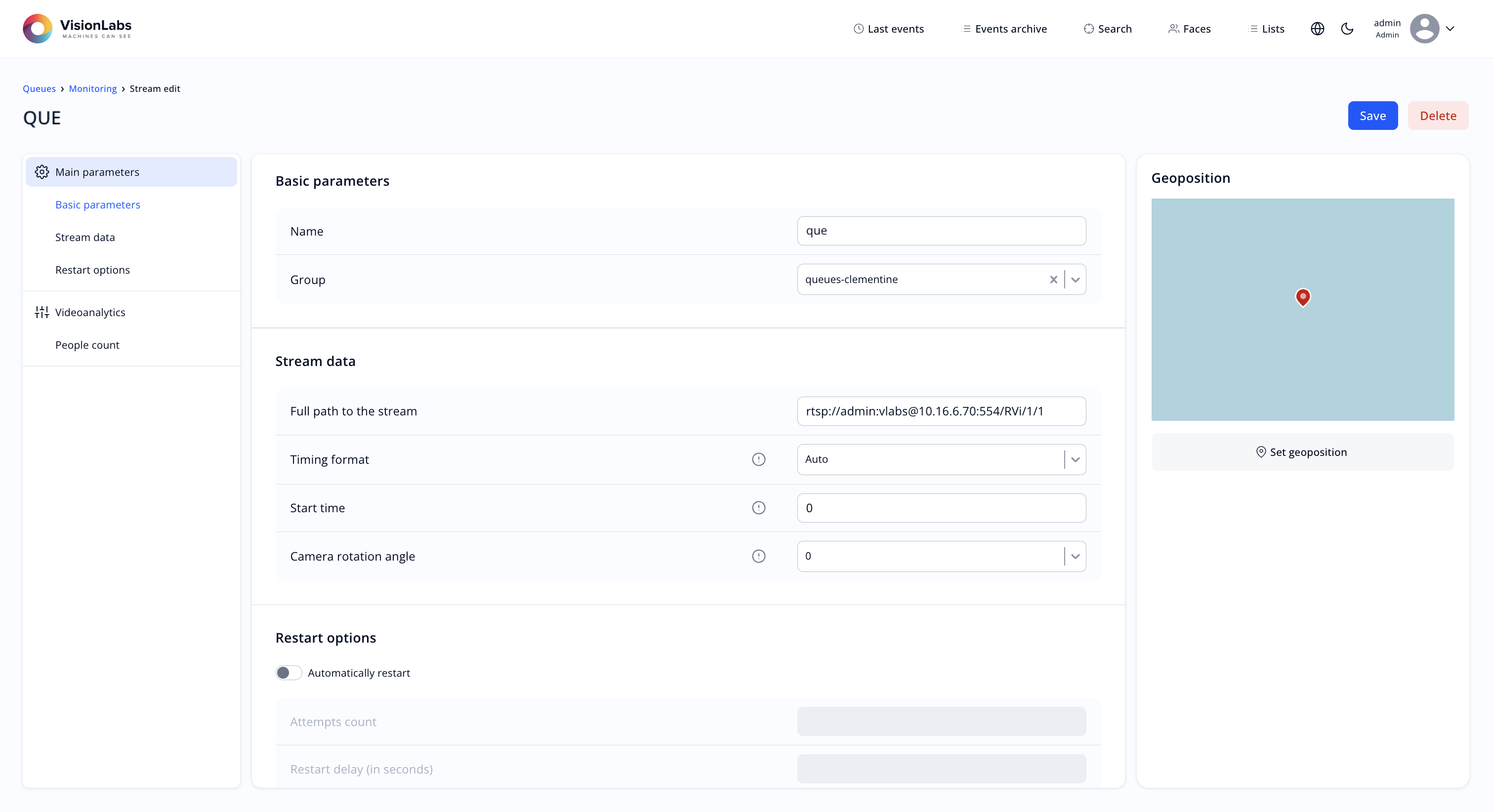 Figure 125. Monitoring zone (stream) editing page