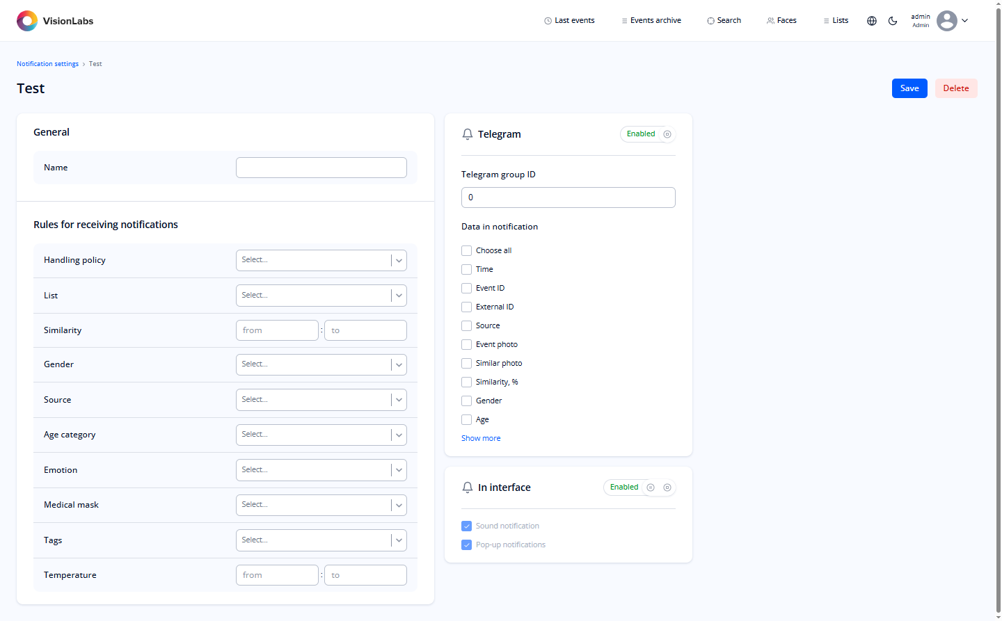 Figure 117. Form for creating/editing a notification