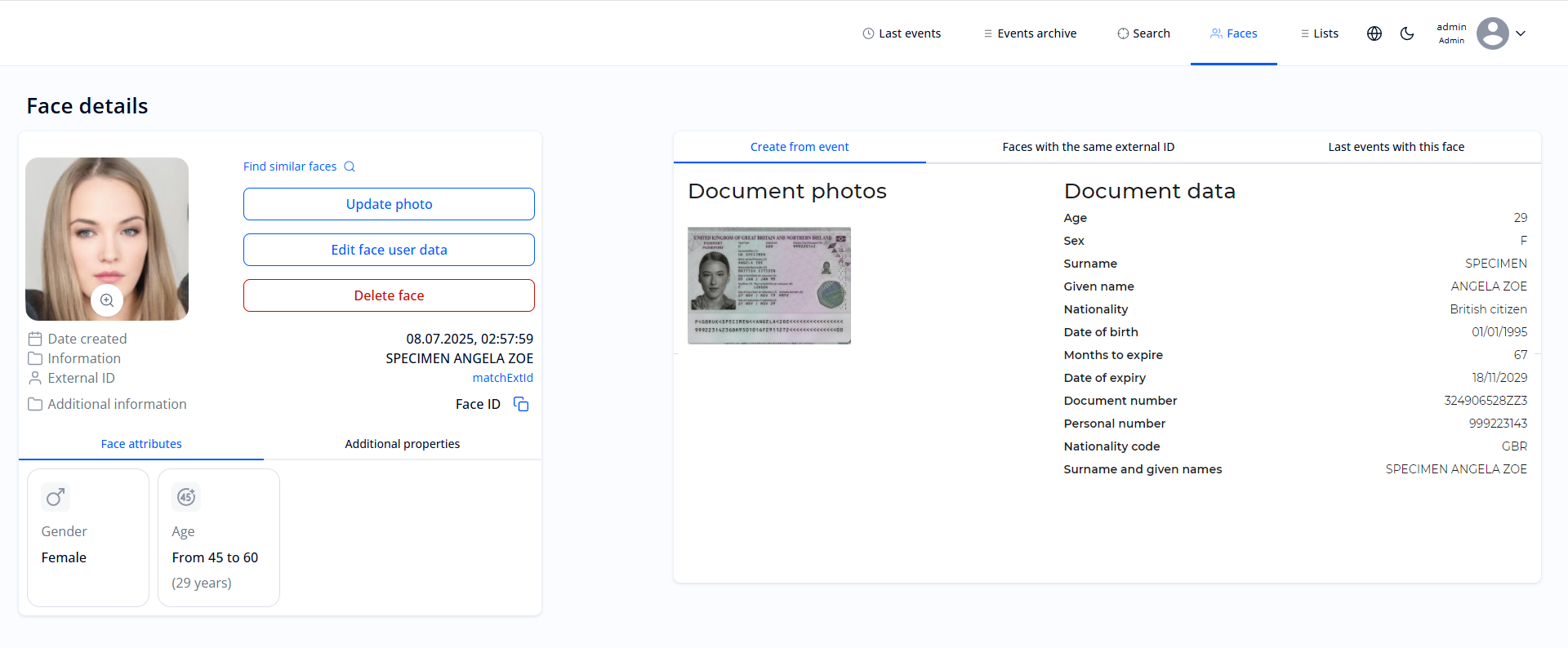 “Face details” section: showing document recognition event data