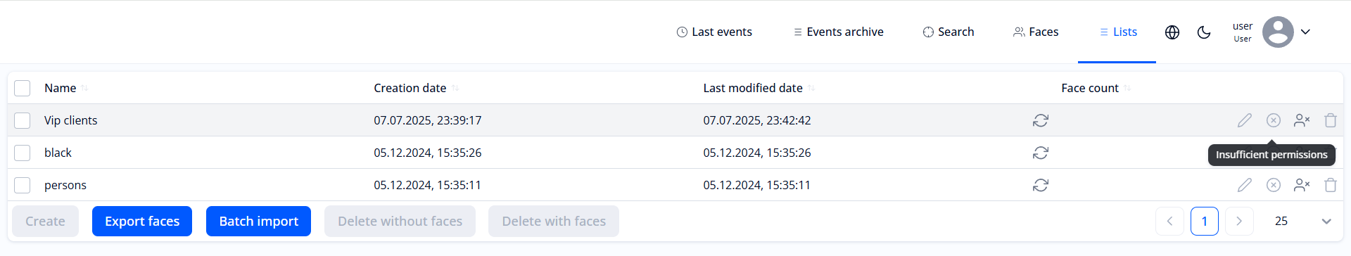 “Lists” section for user