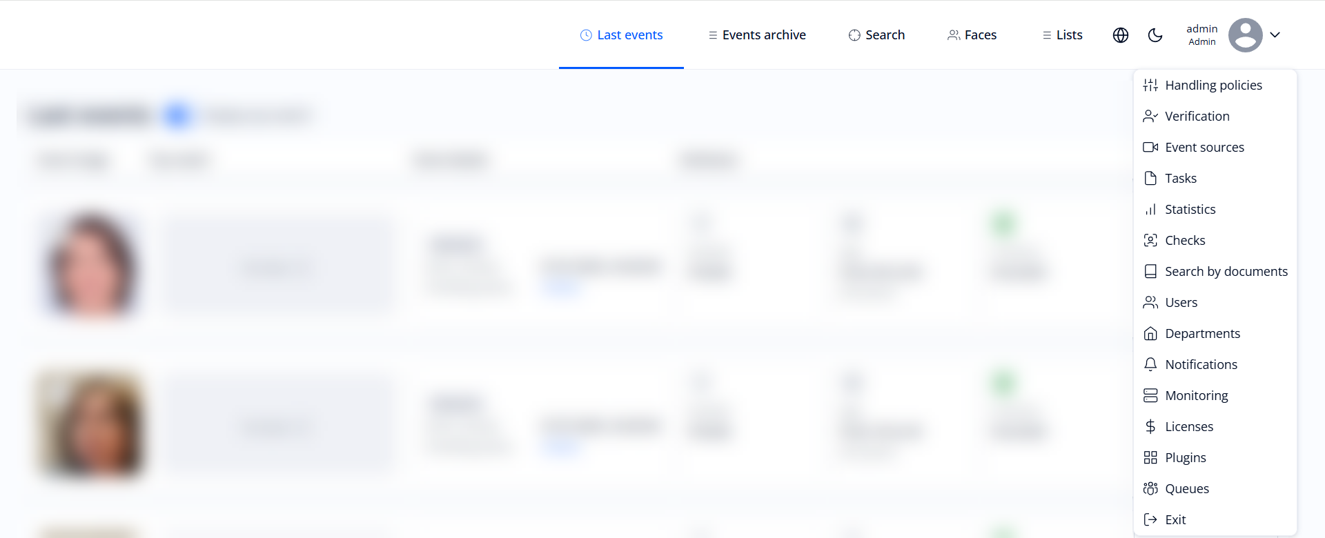 General view of the menu for administrators