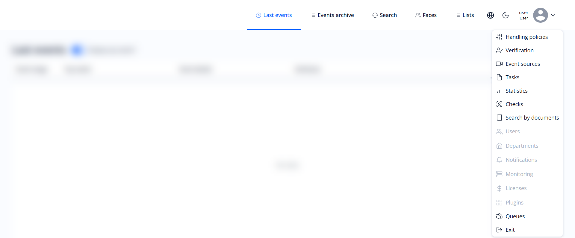 General view of the menu for users