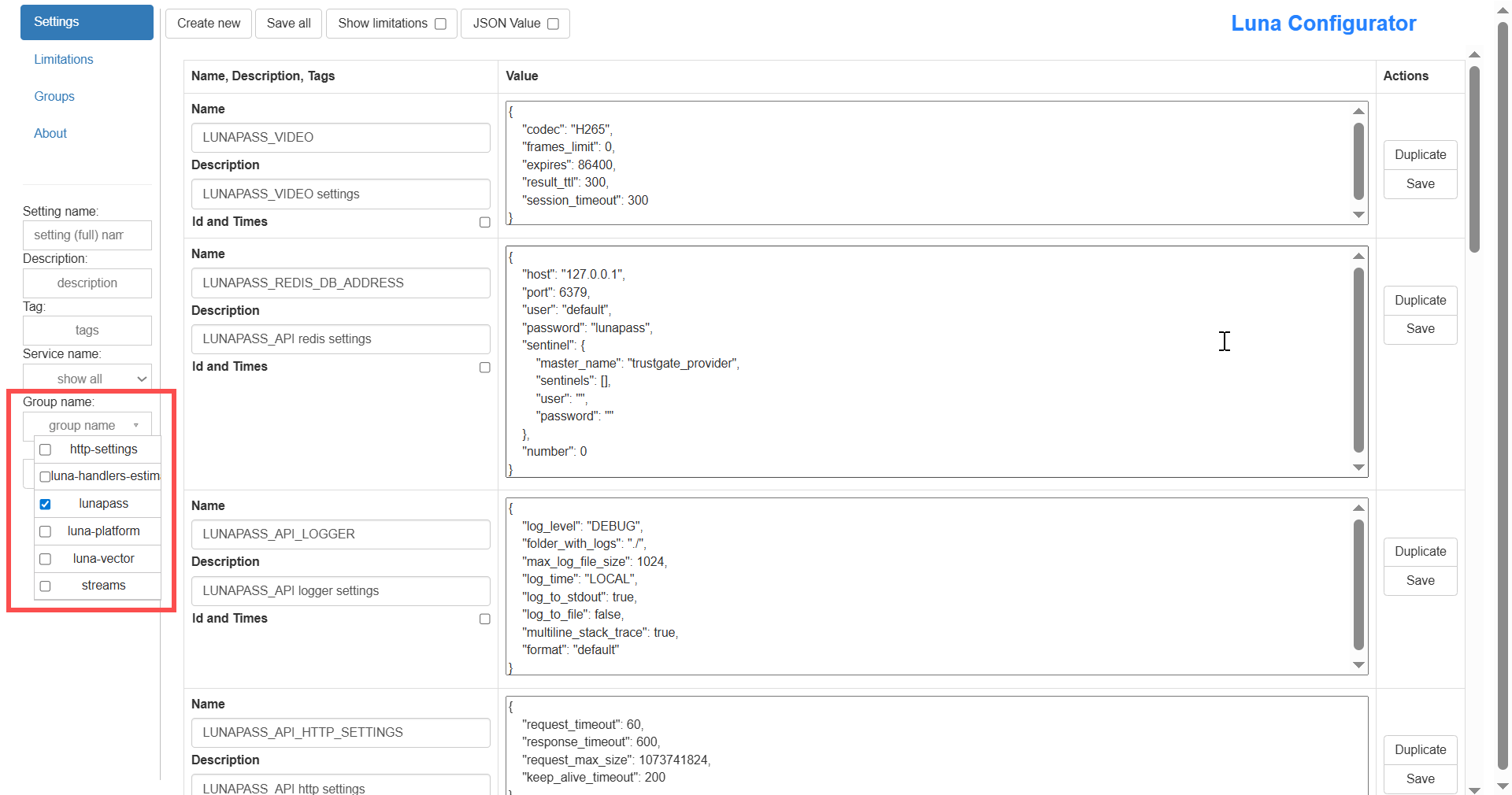 Selecting a group of settings in Luna Configurator
