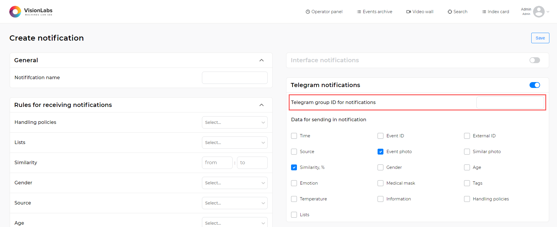 Editing a Telegram notification in the web interface