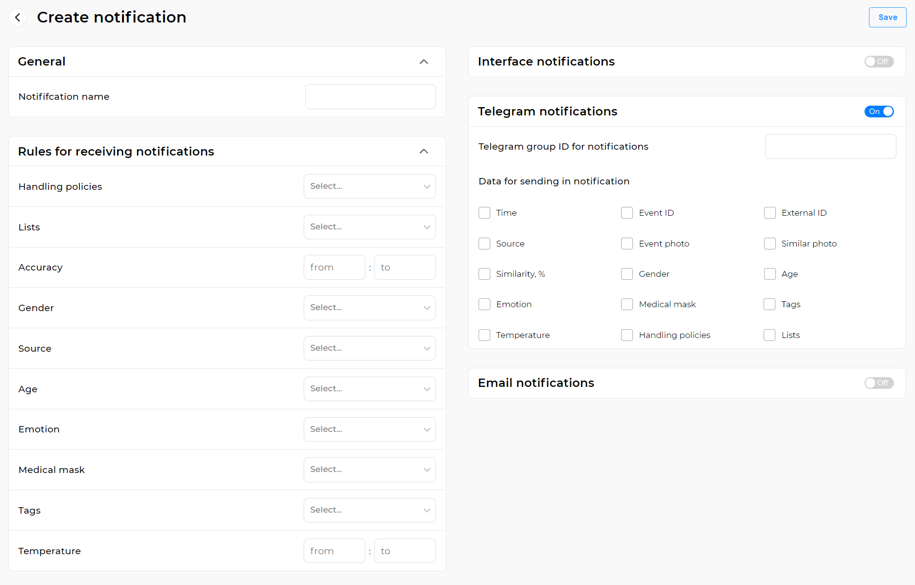 Form for creating a notification