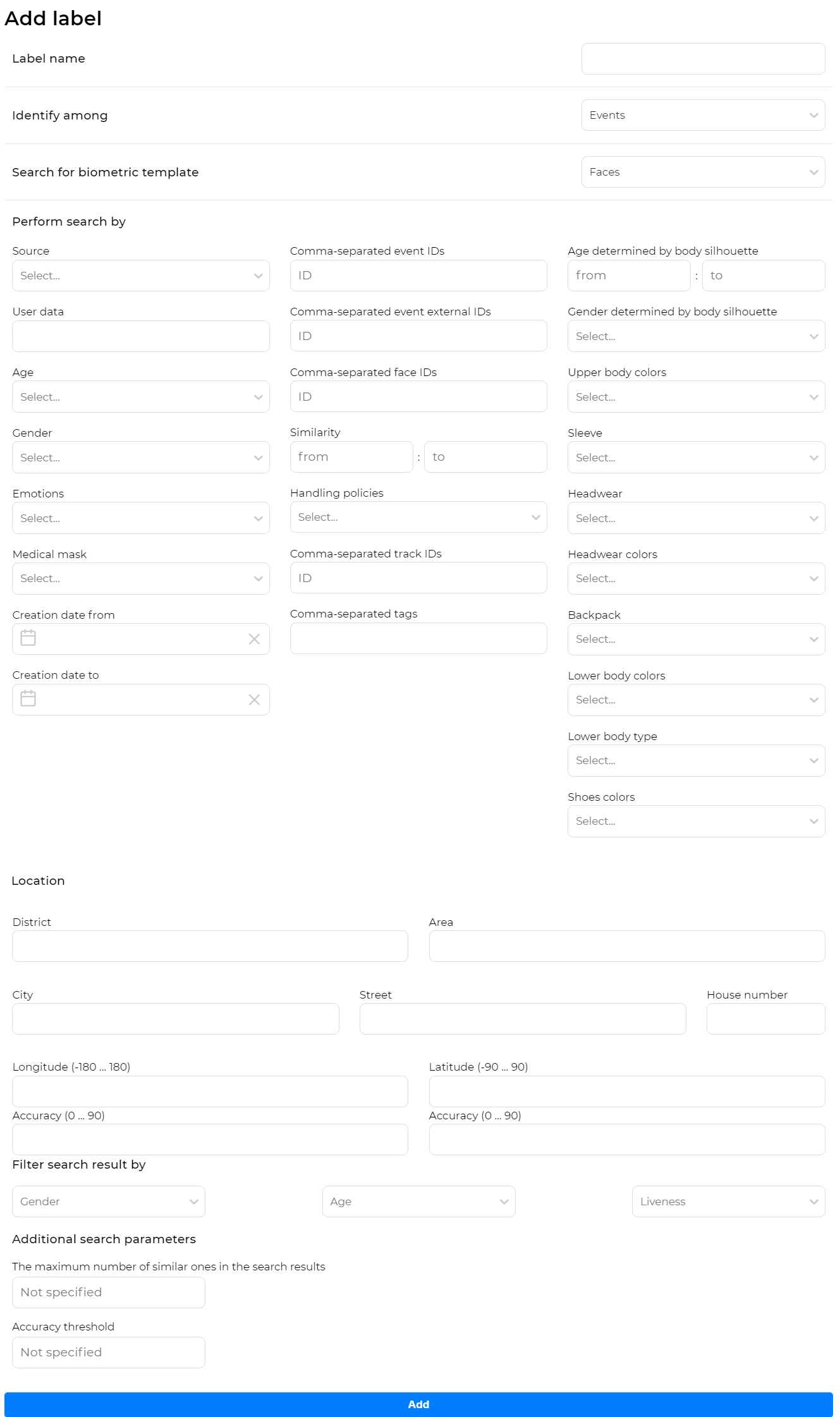 Form for creating a label. Identify among events