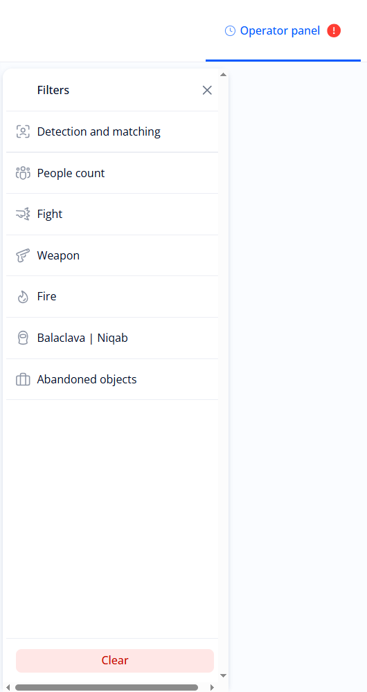 Selecting filters in the “Operator panel” section
