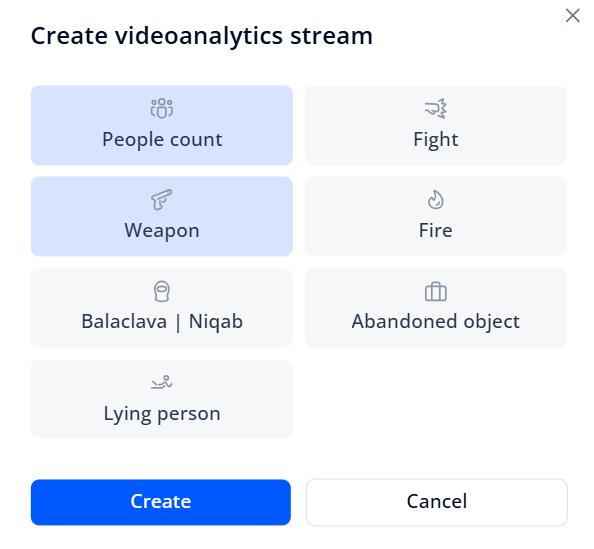 Selecting a video analytics type to create a stream