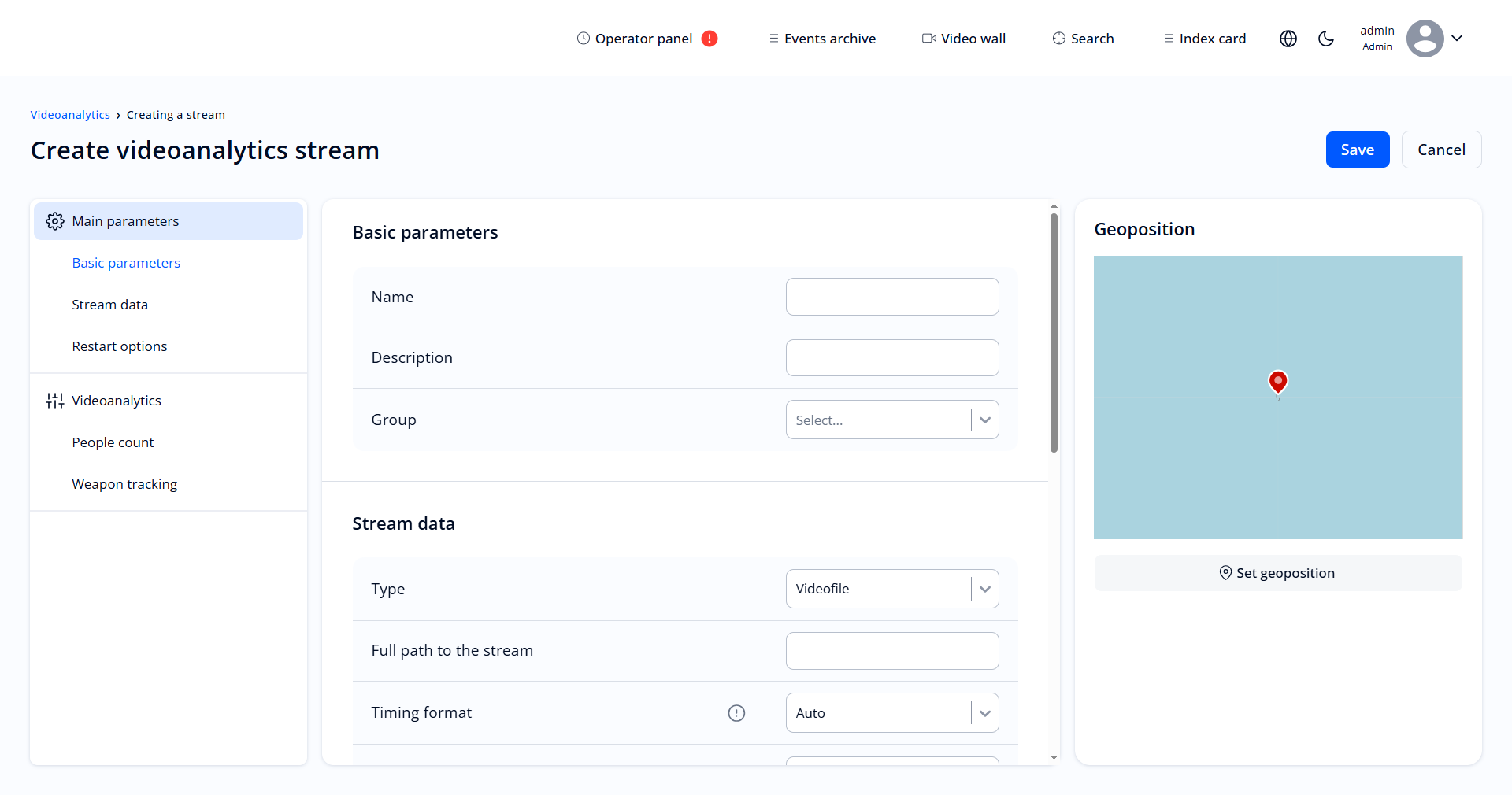 Creation parameter of video analytics stream 