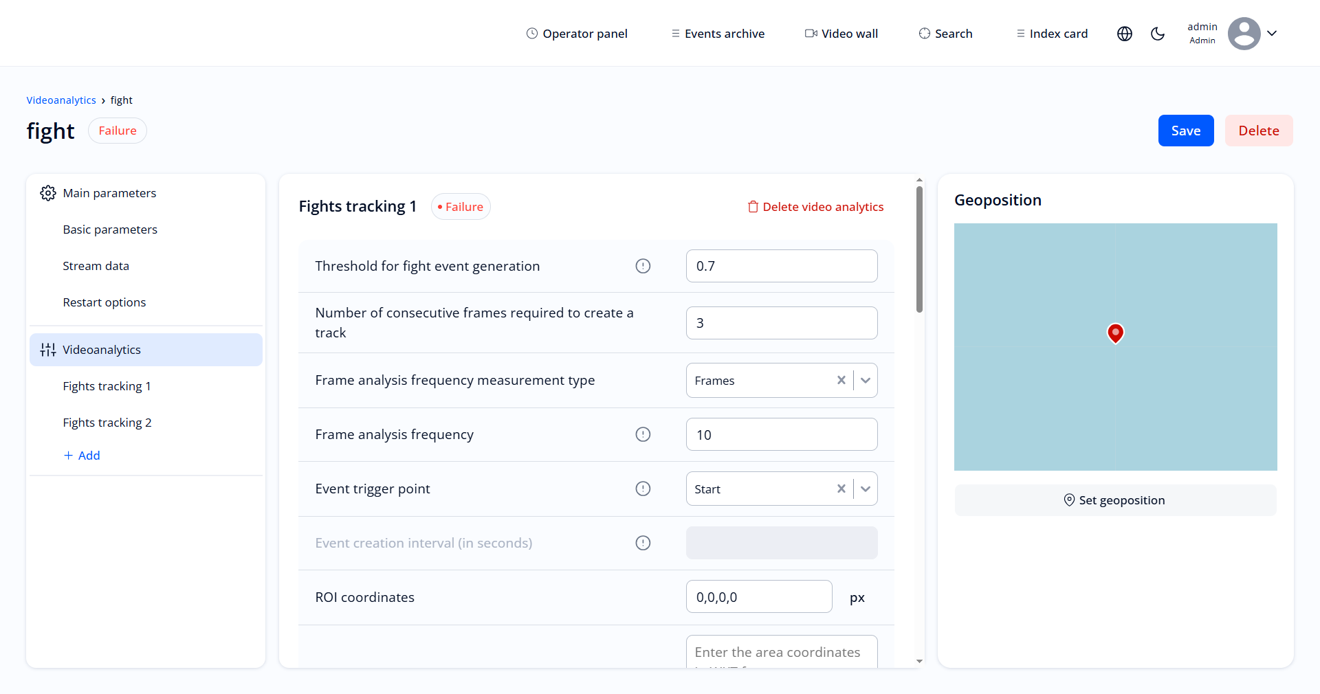 Creation parameter of video analytics stream 