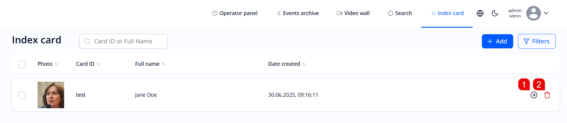 “Index card” section