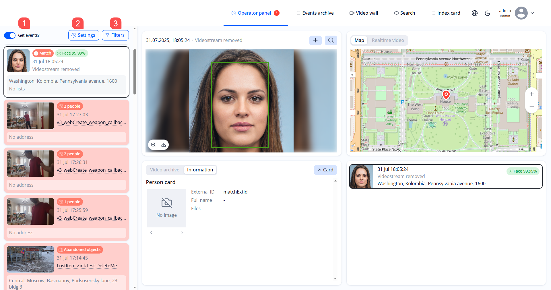 “Operator panel” section, event of face detection