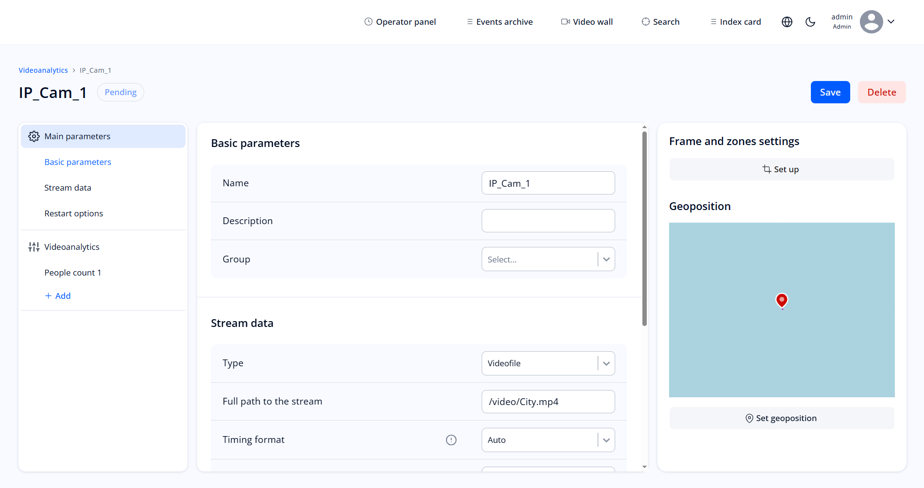 Creation parameter of video analytics stream 