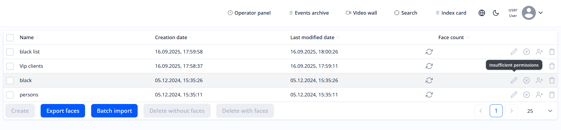 “Lists” section for user