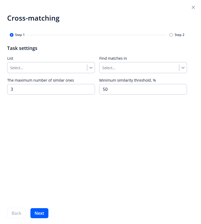Form for creating a cross-matching task