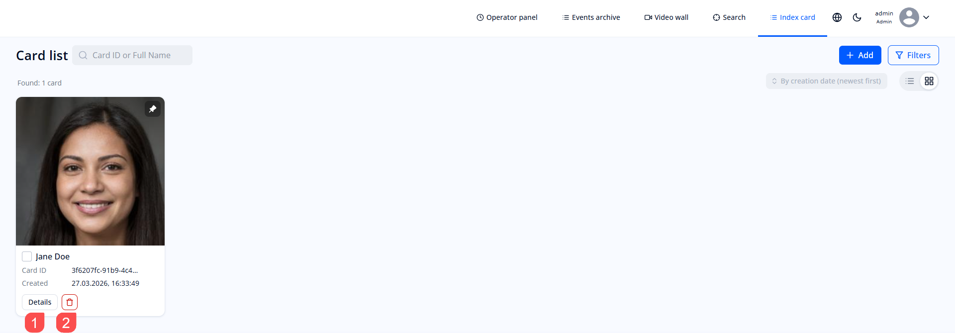 “Index card” section