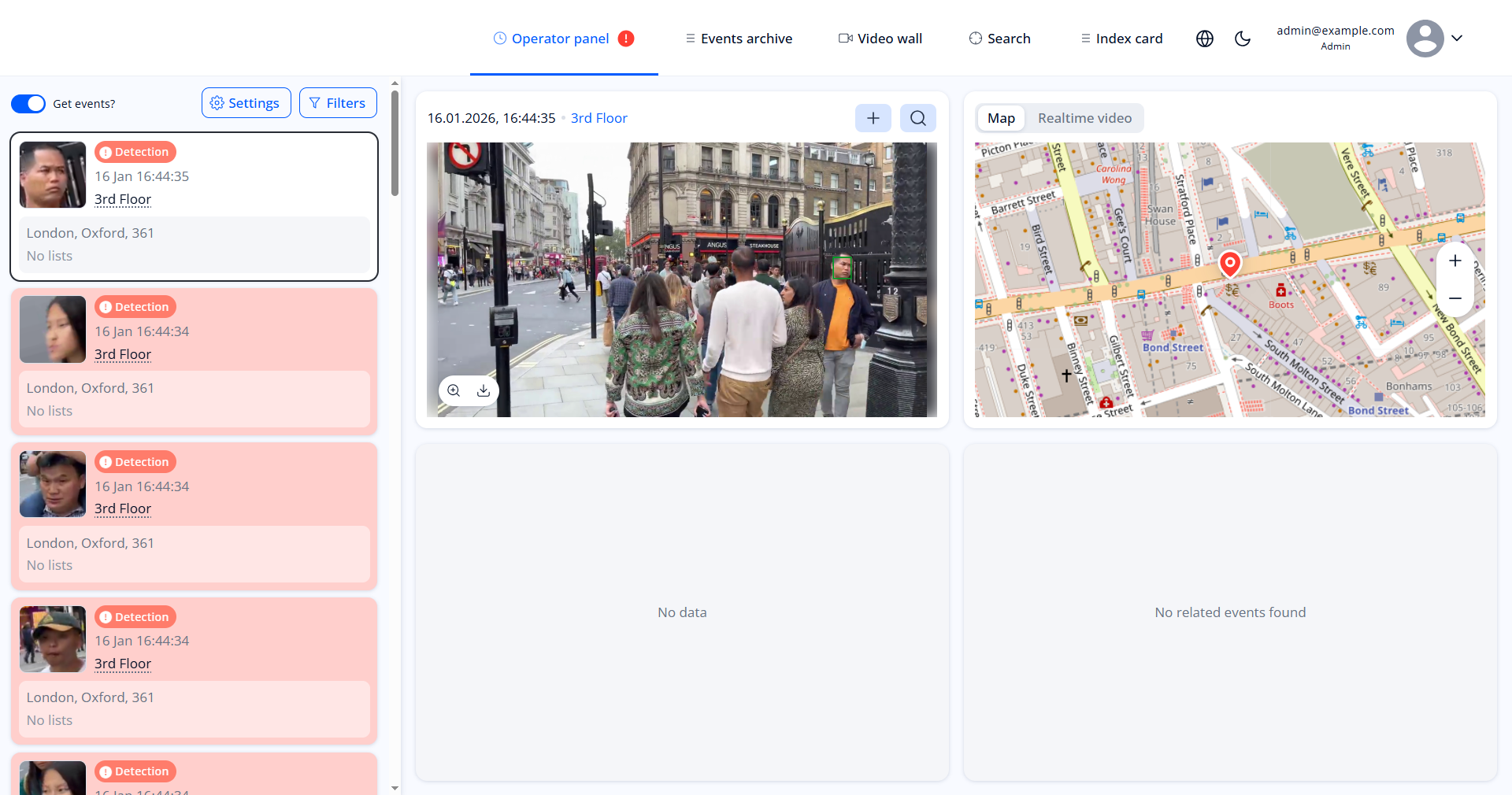 Alarm events of face detection in the 