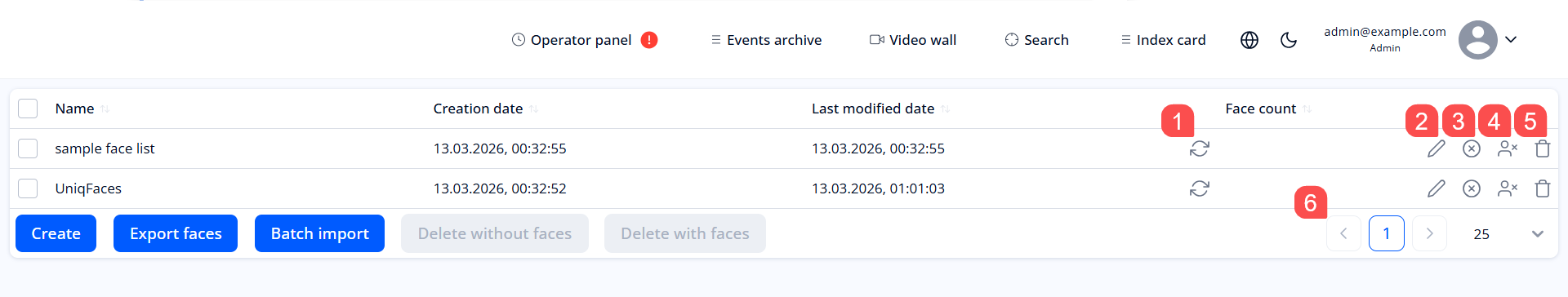 “Lists” section for administrator