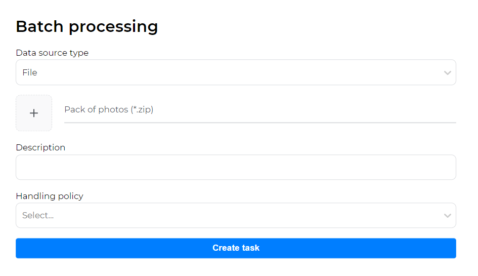 Form for creating a batch processing task