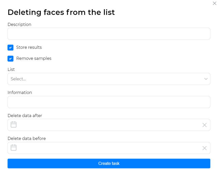 Window for creating a “Deleting faces from the list” task