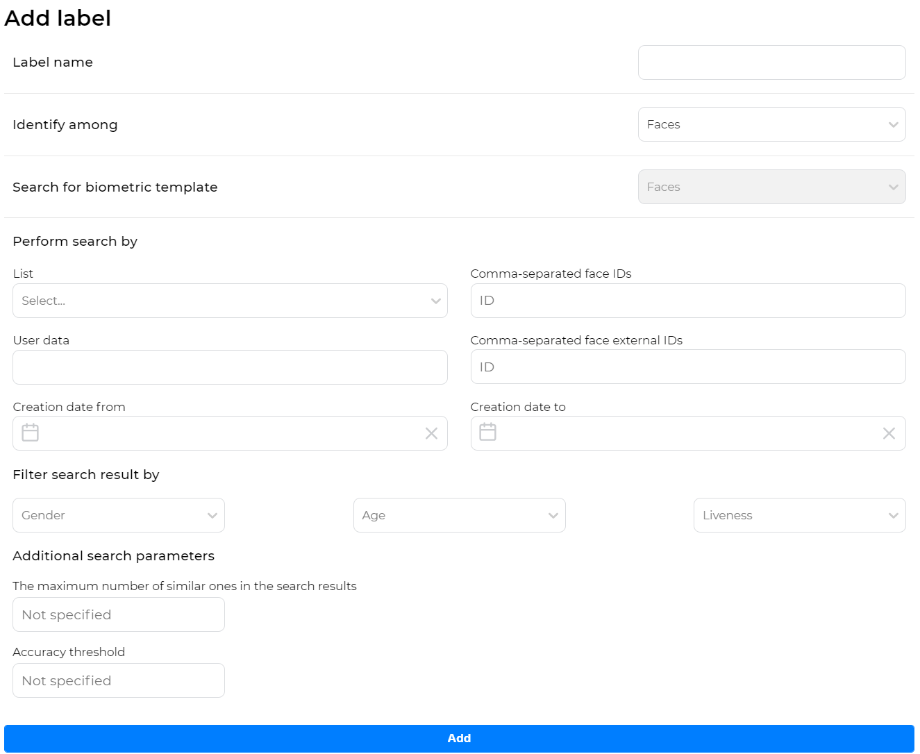 Form for creating a label. Identify among faces