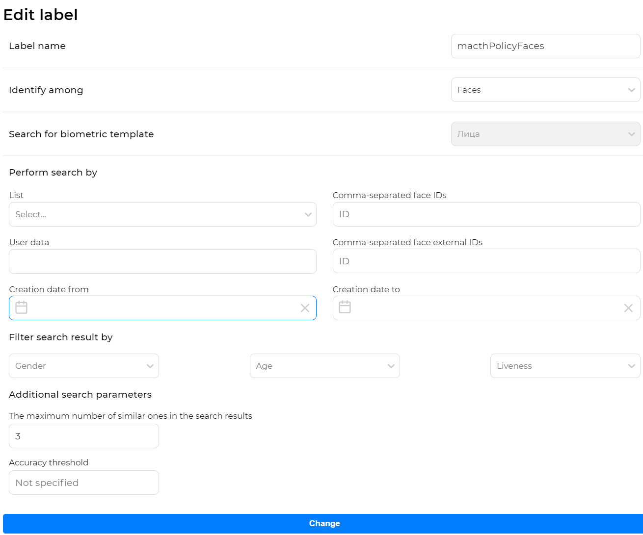 “Edit label” form