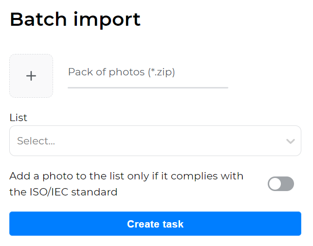 Form for creating a batch import task