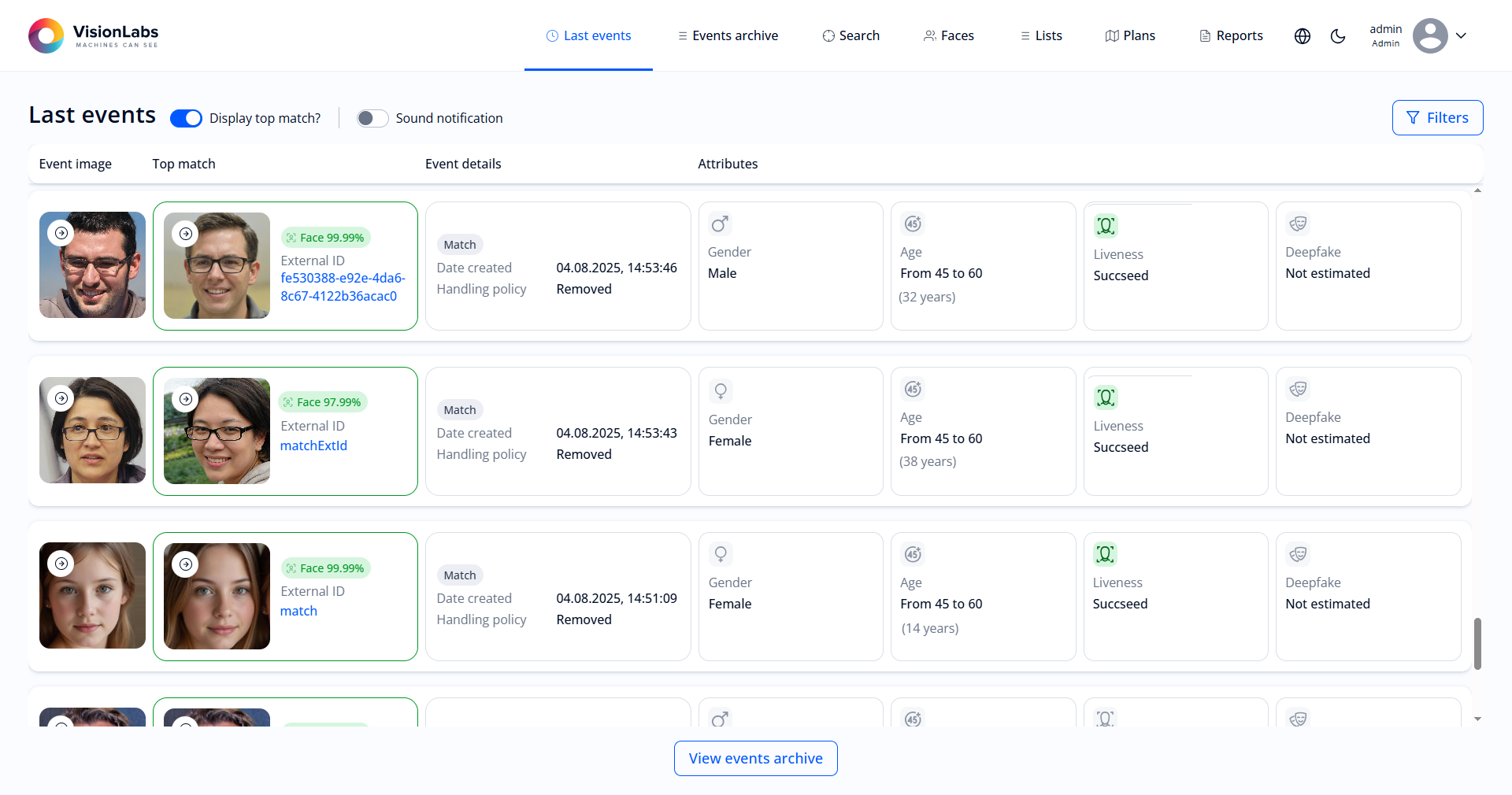 Interface screen after successful authorization (“Last events” section)