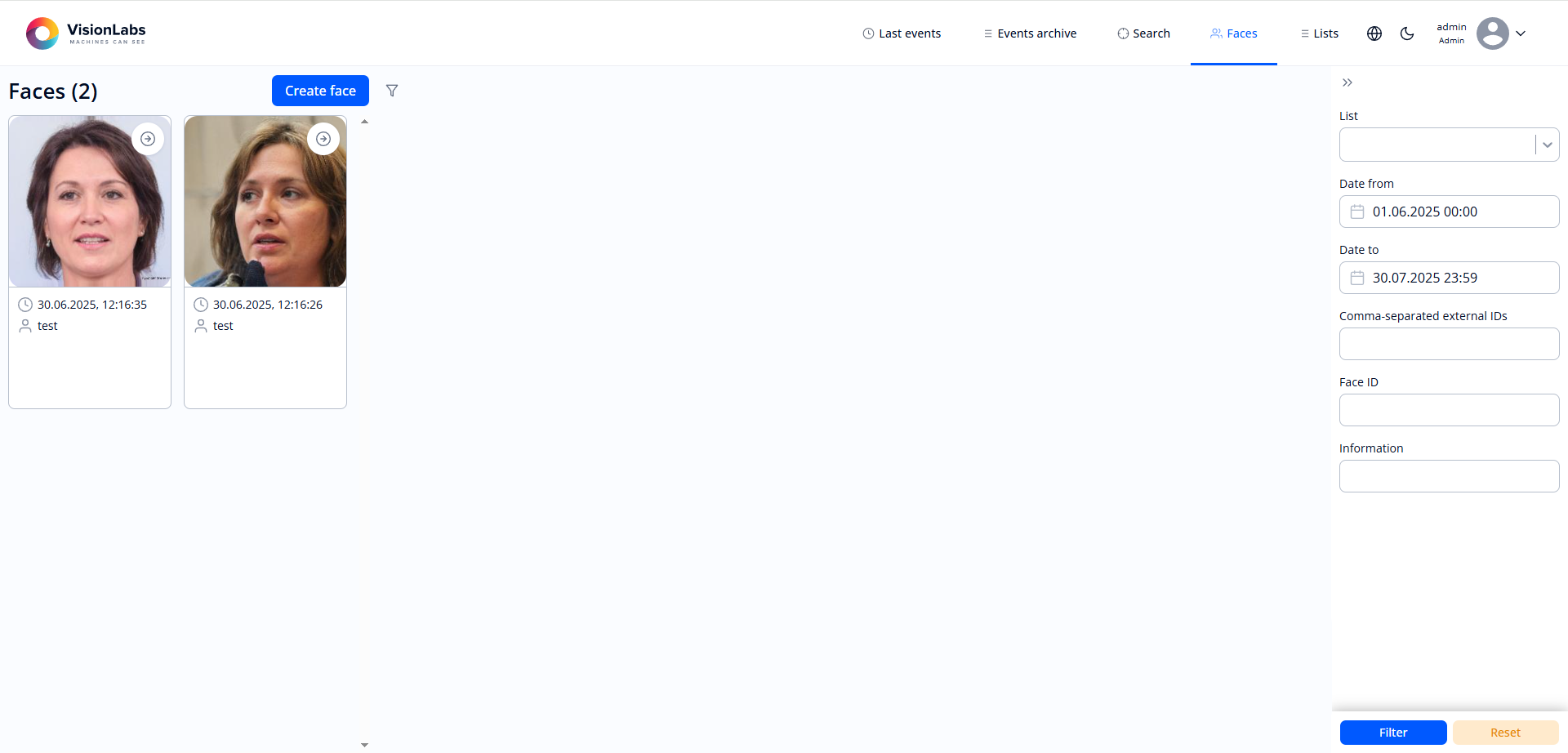 Filtering in the “Faces” section