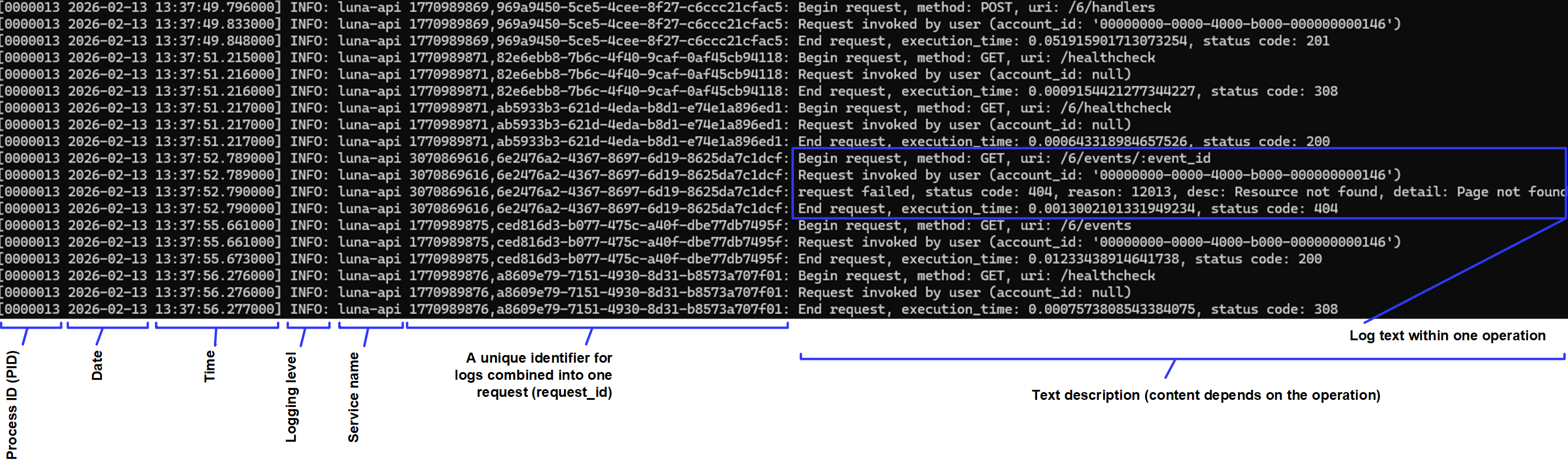 Structure of API service logs (using incoming requests as an example)