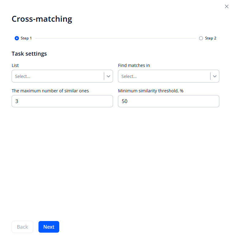Form for creating a cross-matching task