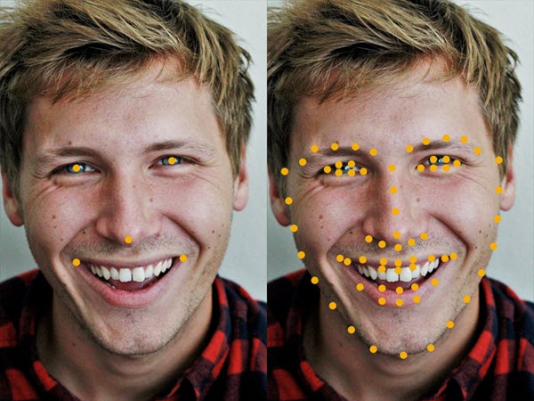 Estimate by 5 facial landmarks (left), estimate by 68 facial landmarks (right)